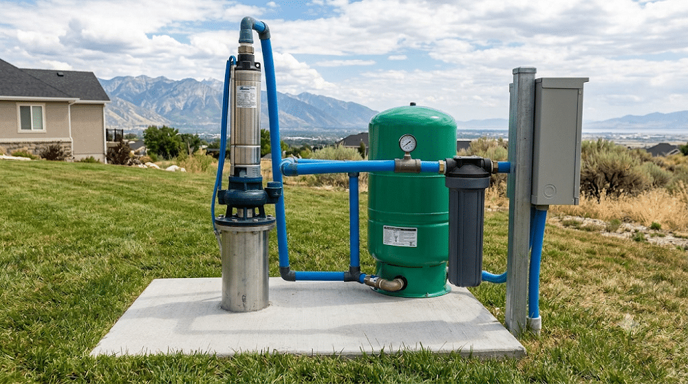 A functional domestic water well setup featuring a pump head on a concrete pad, connected by piping to a green pressure tank and an electrical control box. This essential system provides clean water to the adjacent Utah residence shown in the background